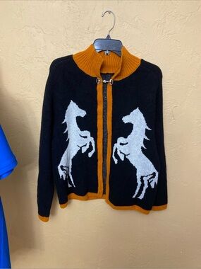 Black Horse Intarsia Zip Cardigan with Mustard Trim